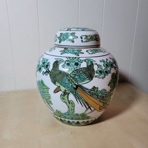 Fenghuang Chinoiserie Ginger Jar Blue Green Gold Hand Painted Gold Imari